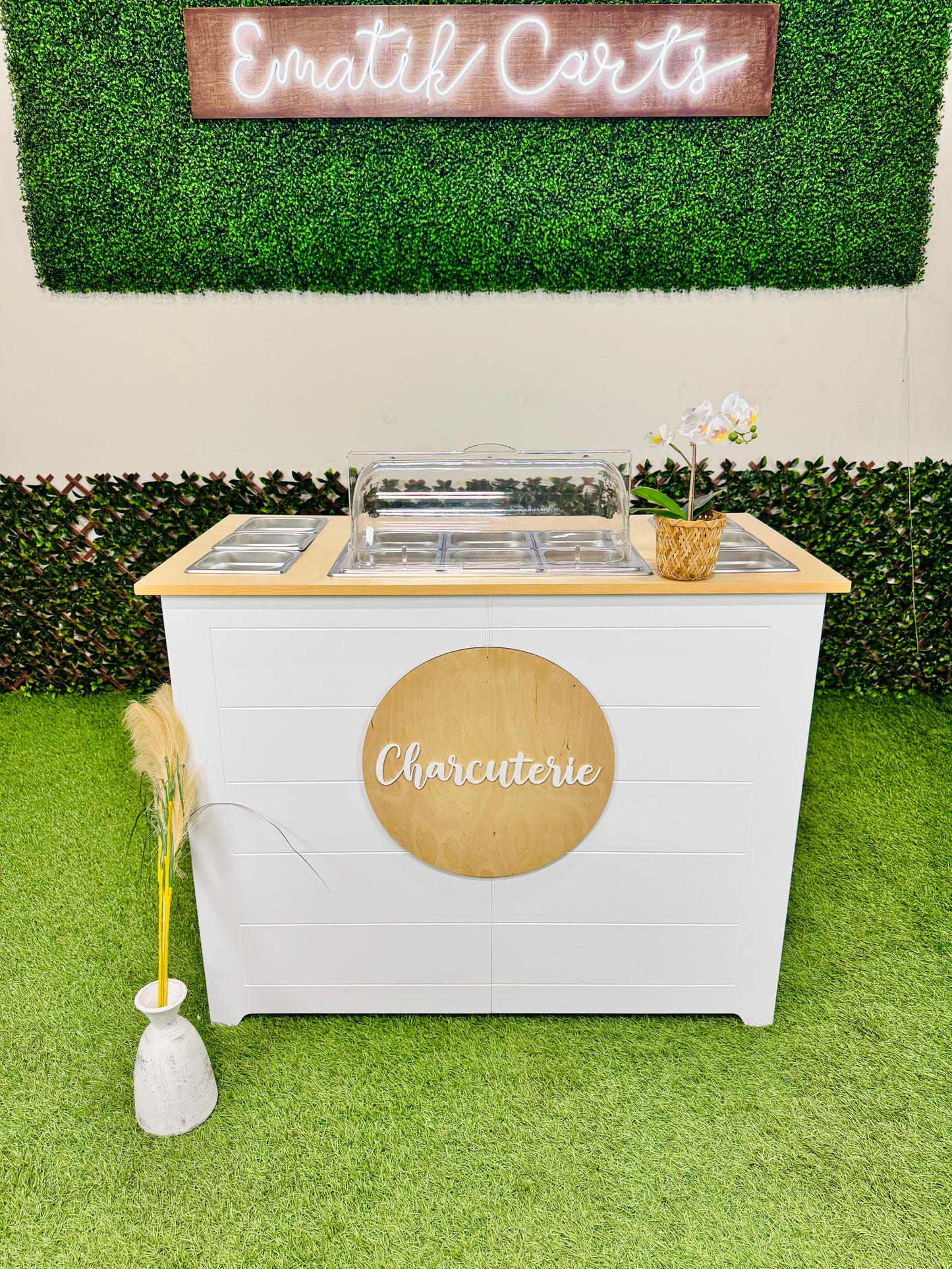 Ematik Foldable 4ft Charcuterie Catering Shiplap Table Collapsible Mobile Snack Bar Wooden Display-White
