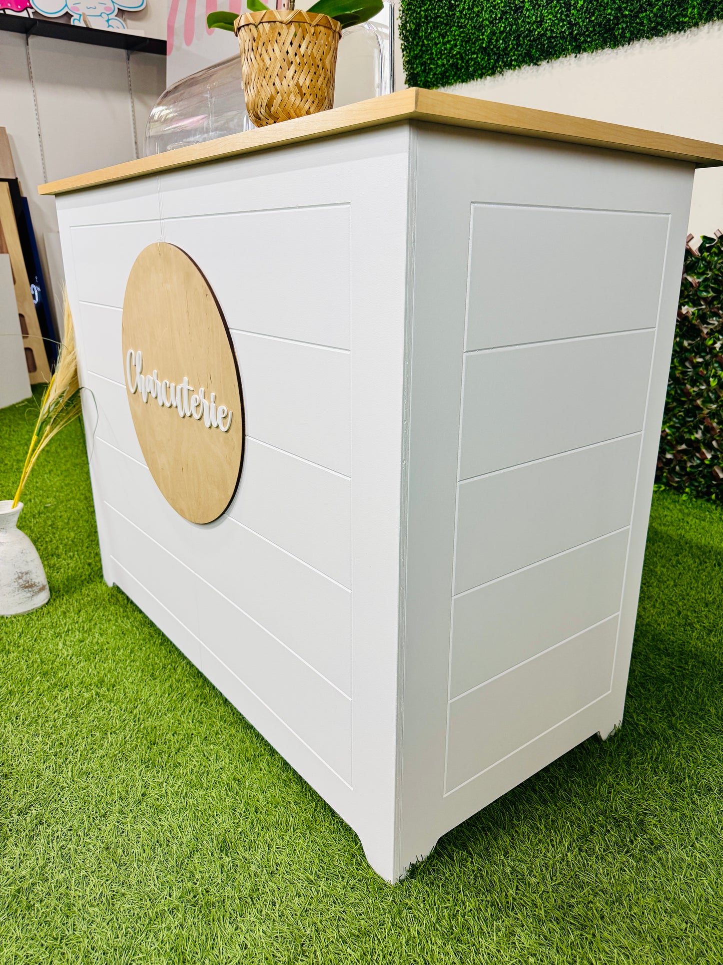 Ematik Foldable 4ft Charcuterie Catering Shiplap Table Collapsible Mobile Snack Bar Wooden Display-White