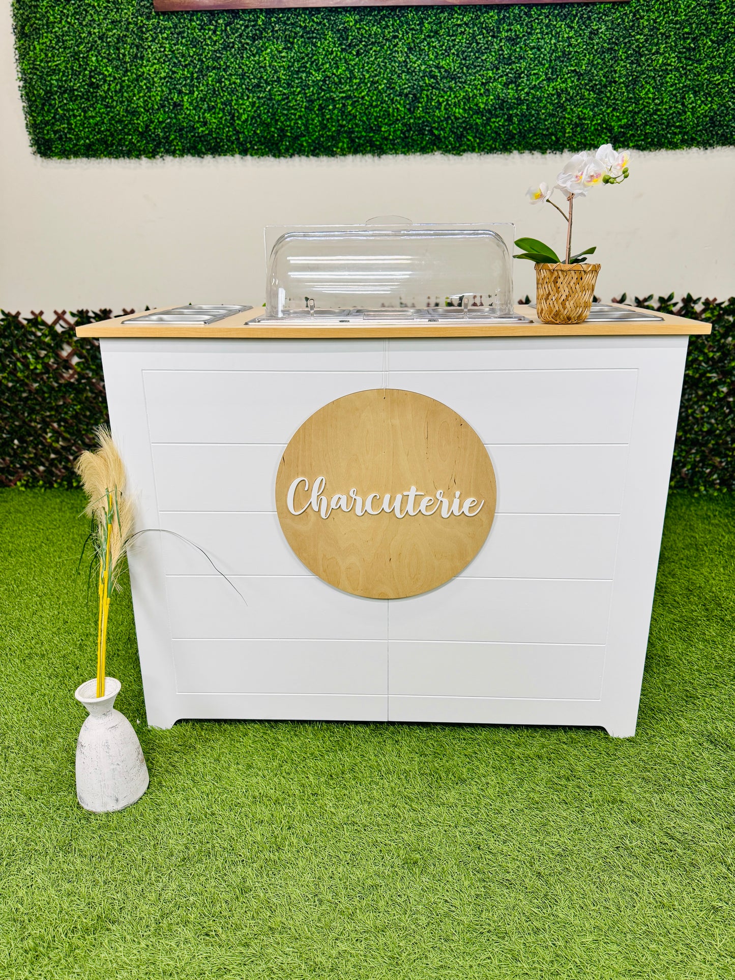 Ematik Foldable 4ft Charcuterie Catering Shiplap Table Collapsible Mobile Snack Bar Wooden Display-White