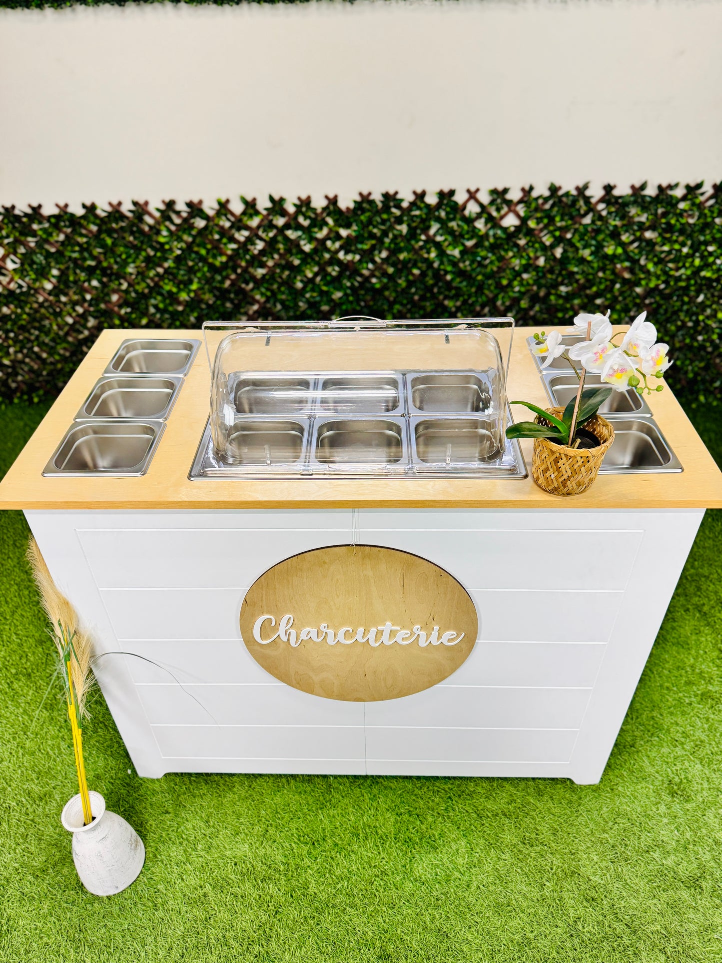 Ematik Foldable 4ft Charcuterie Catering Shiplap Table Collapsible Mobile Snack Bar Wooden Display-White