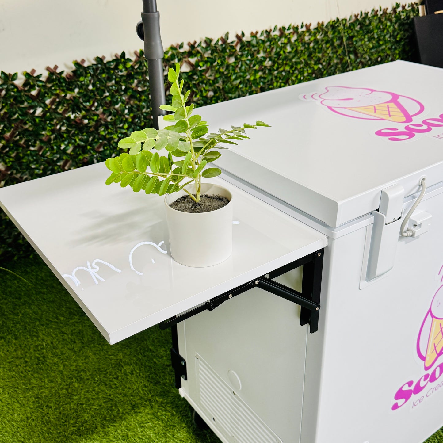 Ice Cream Cart 7cu Portable Freezer Chest with Wheels, Umbrella Holder , Side Table & Logos