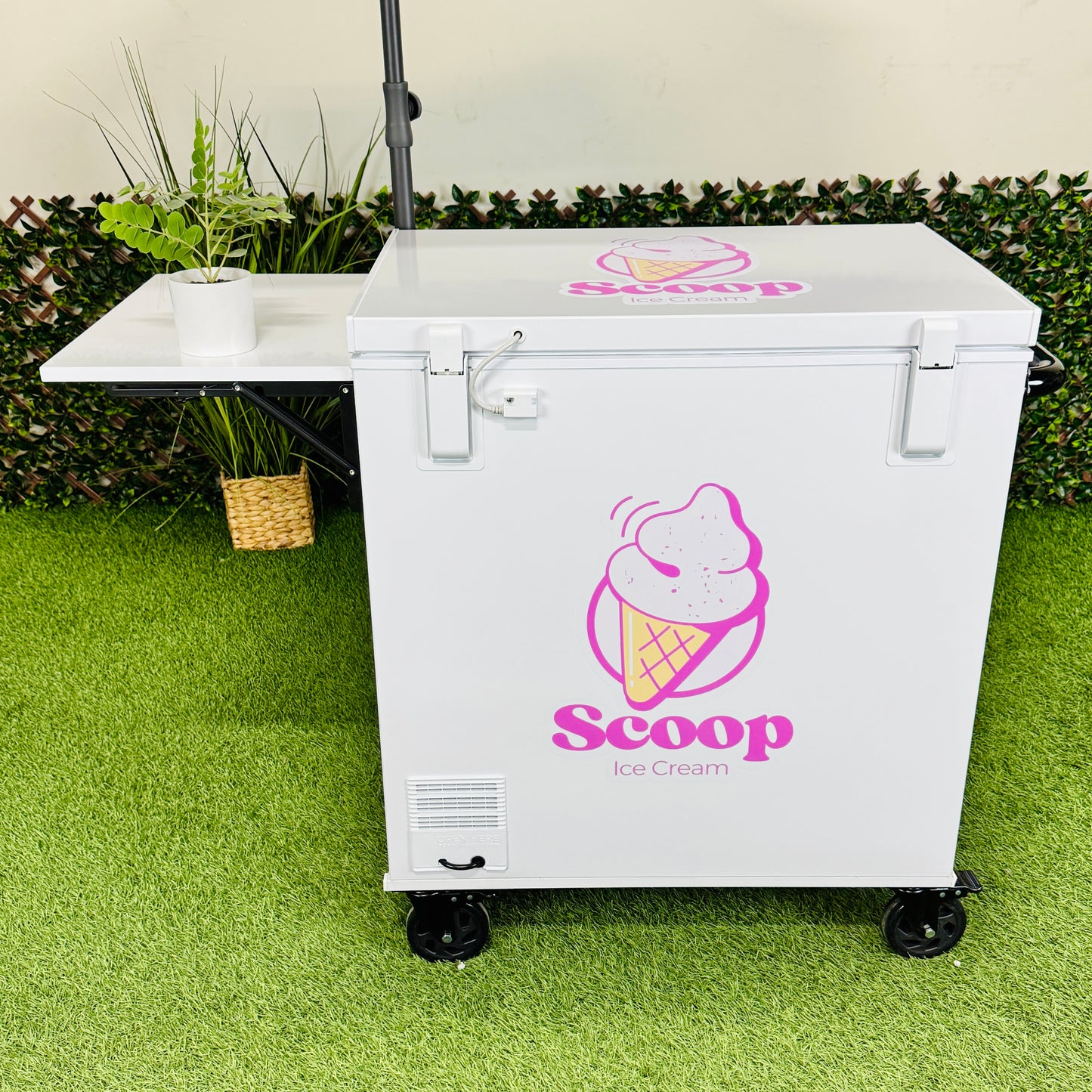 Ice Cream Cart 7cu Portable Freezer Chest with Wheels, Umbrella Holder , Side Table & Logos