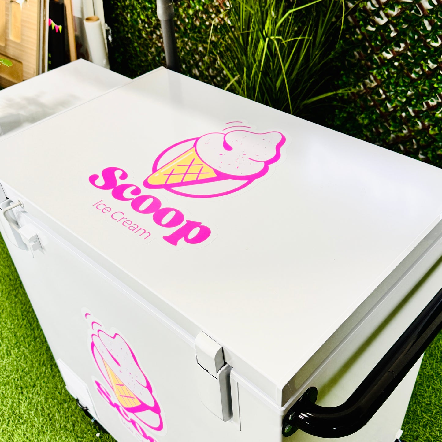 Ice Cream Cart 7cu Portable Freezer Chest with Wheels, Umbrella Holder , Side Table & Logos