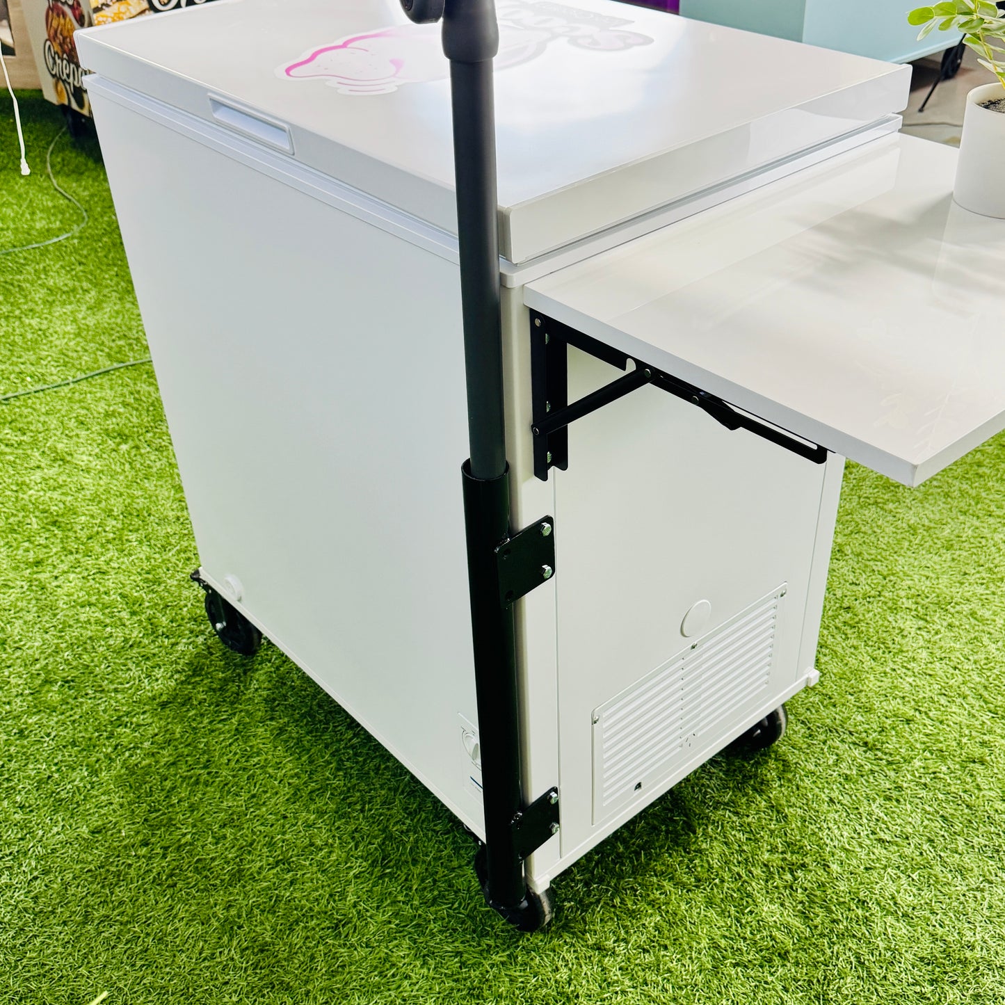 Ice Cream Cart 7cu Portable Freezer Chest with Wheels, Umbrella Holder , Side Table & Logos