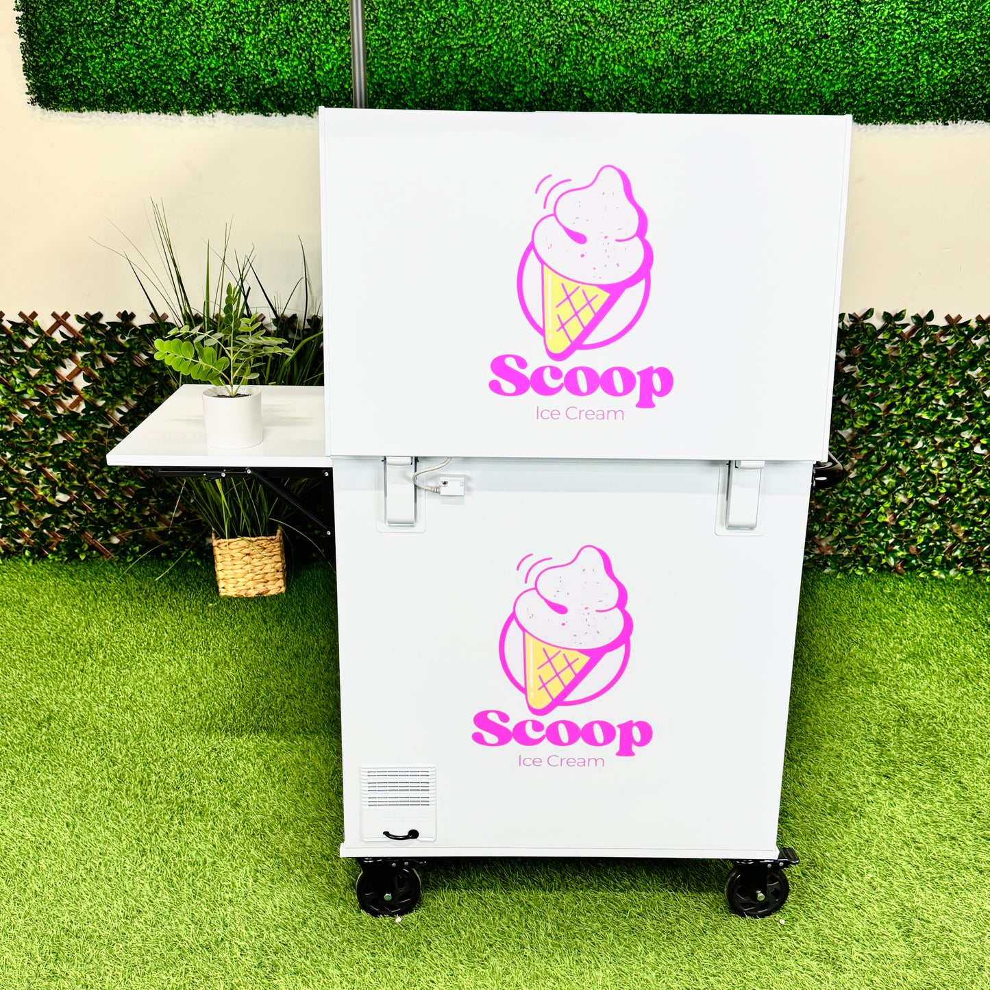 Ice Cream Cart 7cu Portable Freezer Chest with Wheels, Umbrella Holder , Side Table & Logos