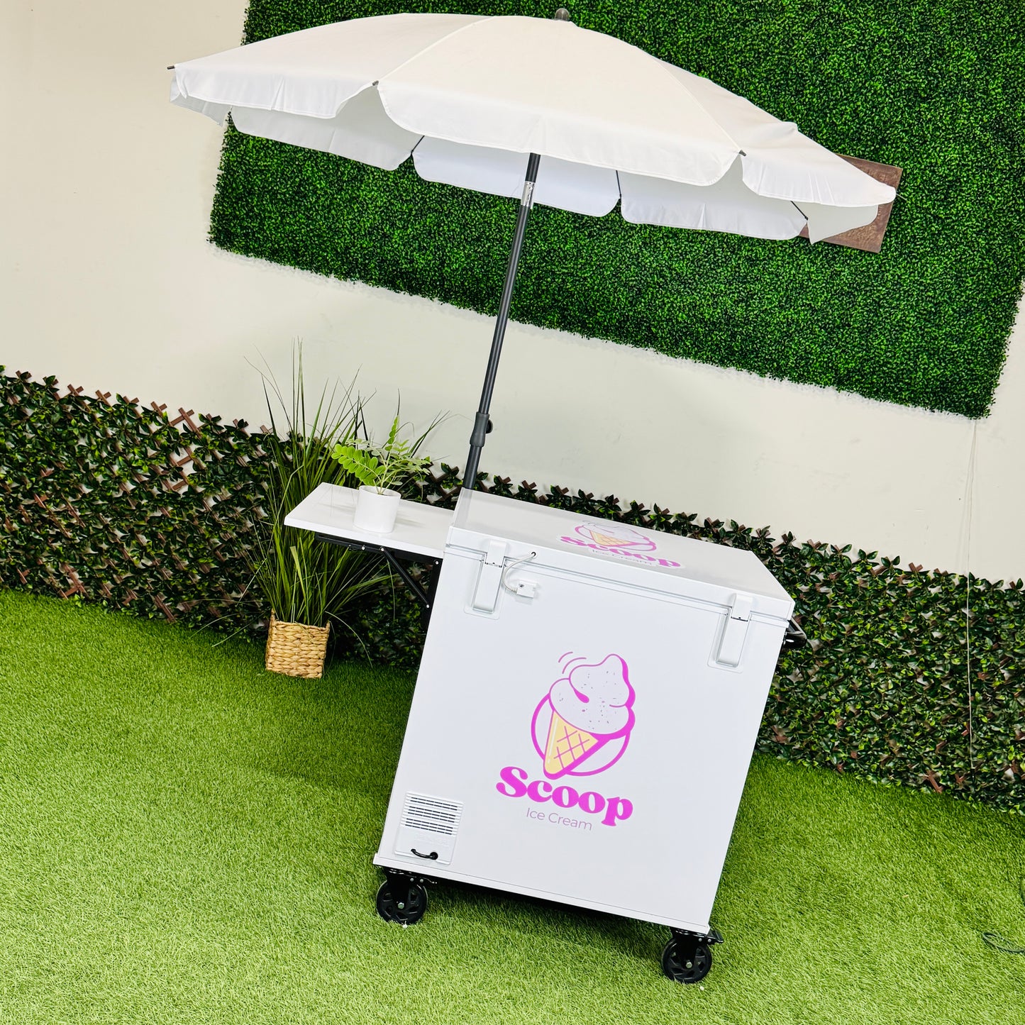 Ice Cream Cart 7cu Portable Freezer Chest with Wheels, Umbrella Holder , Side Table & Logos