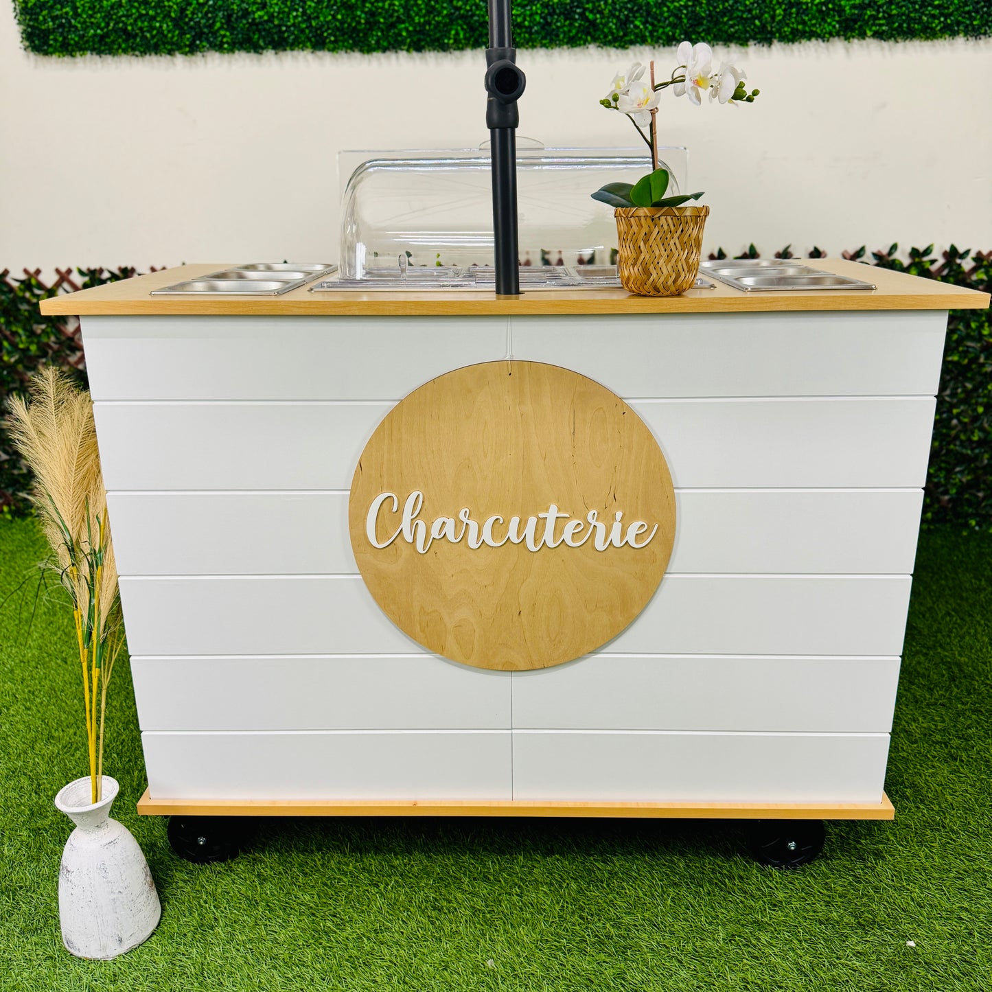 Charcuterie Cart 4ft Shiplap Style -THE CLASSY- Portable Snack Bar Catering Candy Cart White Color