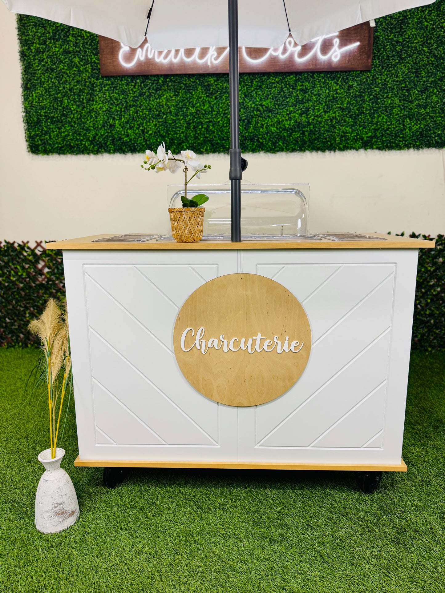 Charcuterie Cart 4ft Herringbone Style -THE CLASSY- Portable Snack Bar Catering Cart White Color