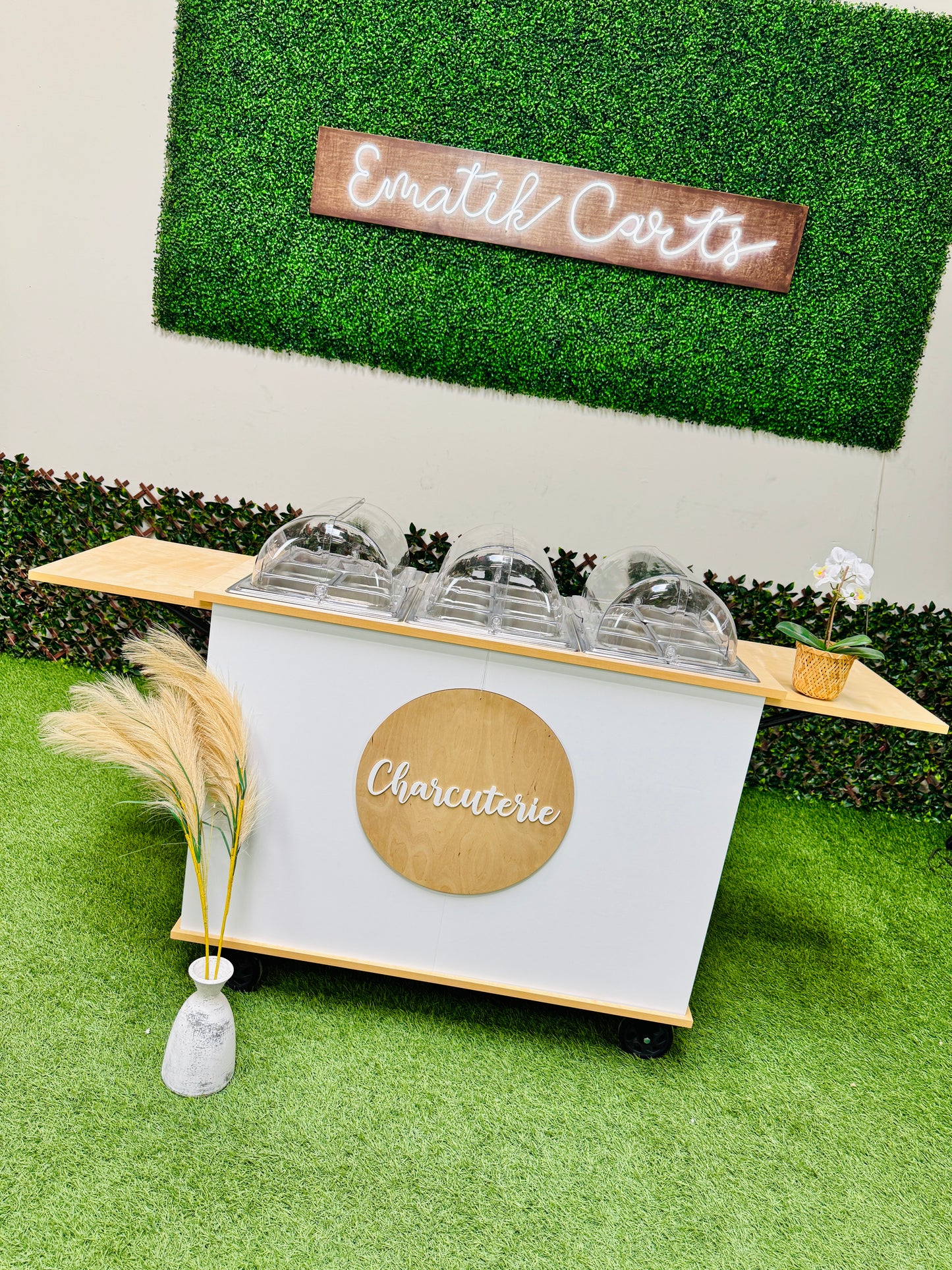 Ematik Charcuterie Cart 4ft -THE CLASSY- Portable Snack Bar Catering Cart White Color with side tables