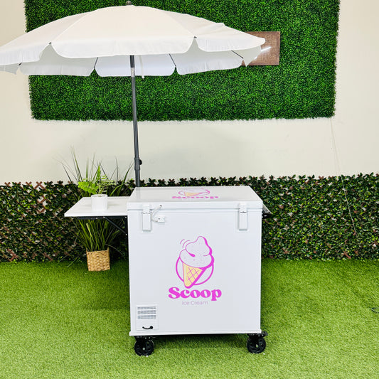 Ice Cream Cart 7cu Portable Freezer Chest with Wheels, Umbrella Holder , Side Table & Logos