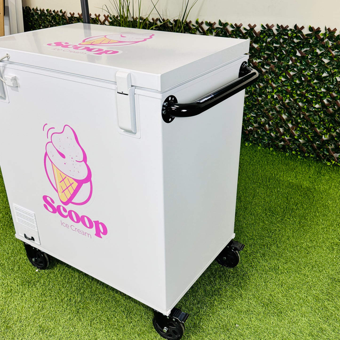 Ice Cream Cart 7cu Portable Freezer Chest with Wheels, Umbrella Holder , Side Table & Logos